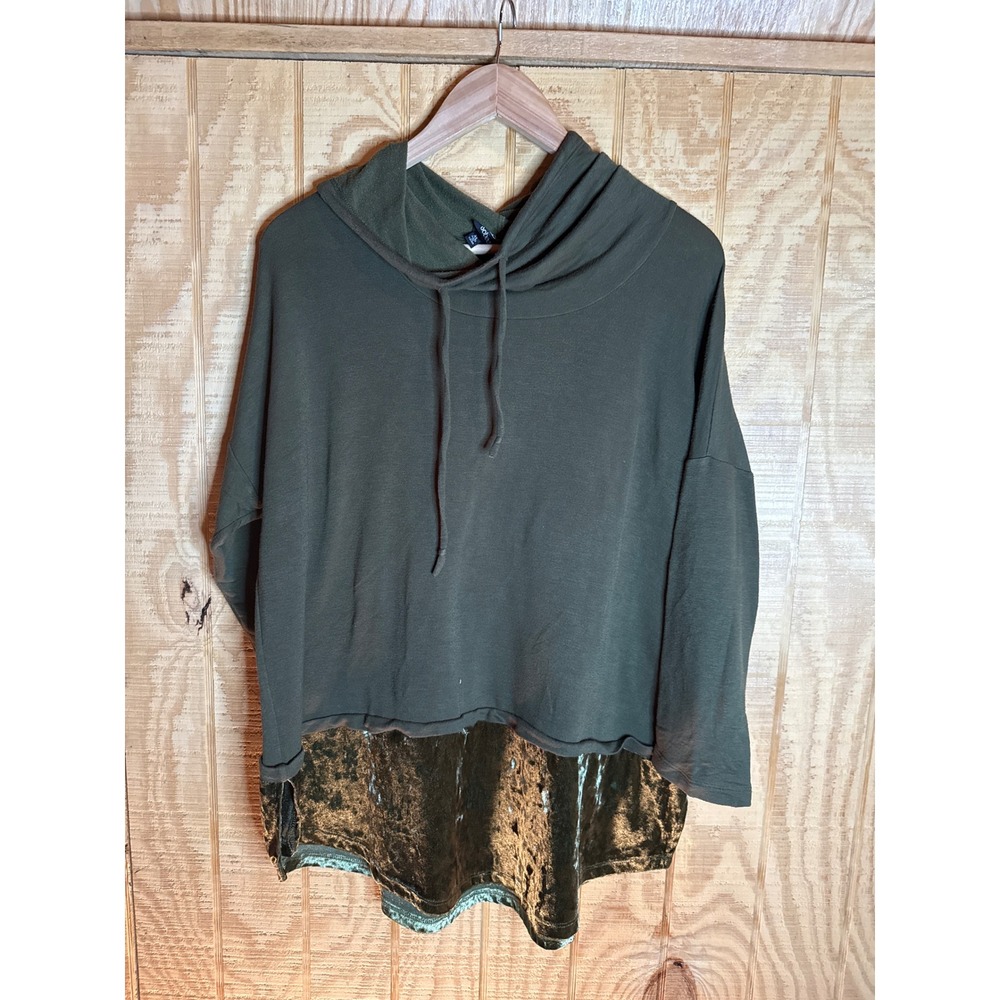 Bobeau Women Olive‎ Green Velvet Trim Cowl Neck Tunic Top XL